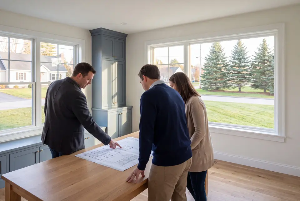 Illustration: Three people, a builder and two homeowners, reviewing floor plans on a table in a finished living room with blue-gray cabinets and oak floors