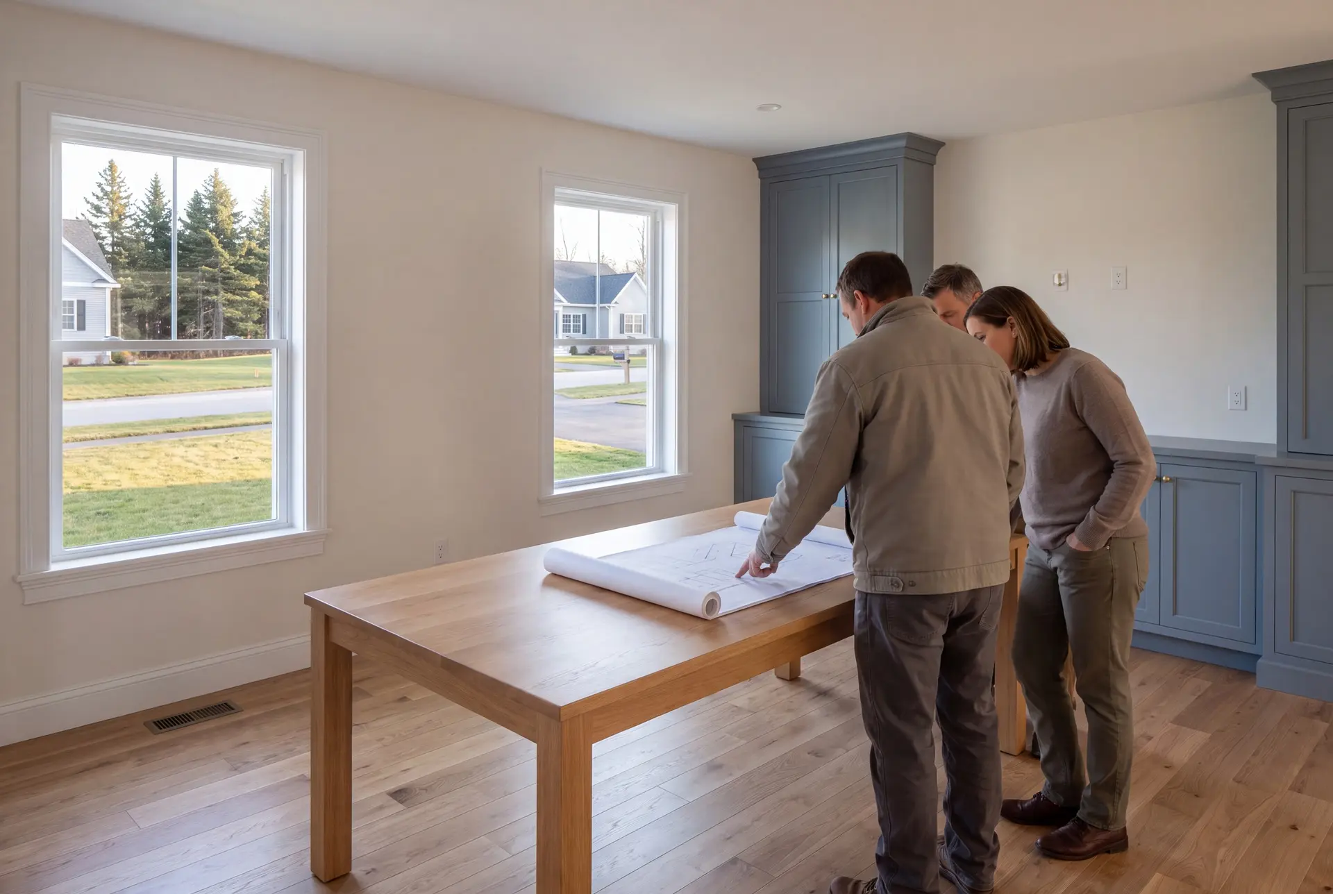 Illustration: Three people, a man pointing at blueprints on a table, and two others looking on, in a newly finished living room with blue-gray cabinets and oak floors