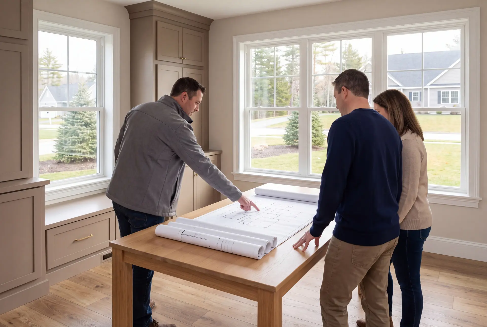 Illustration: Three people, a builder and two homeowners, reviewing architectural drawings on a table in a finished living room