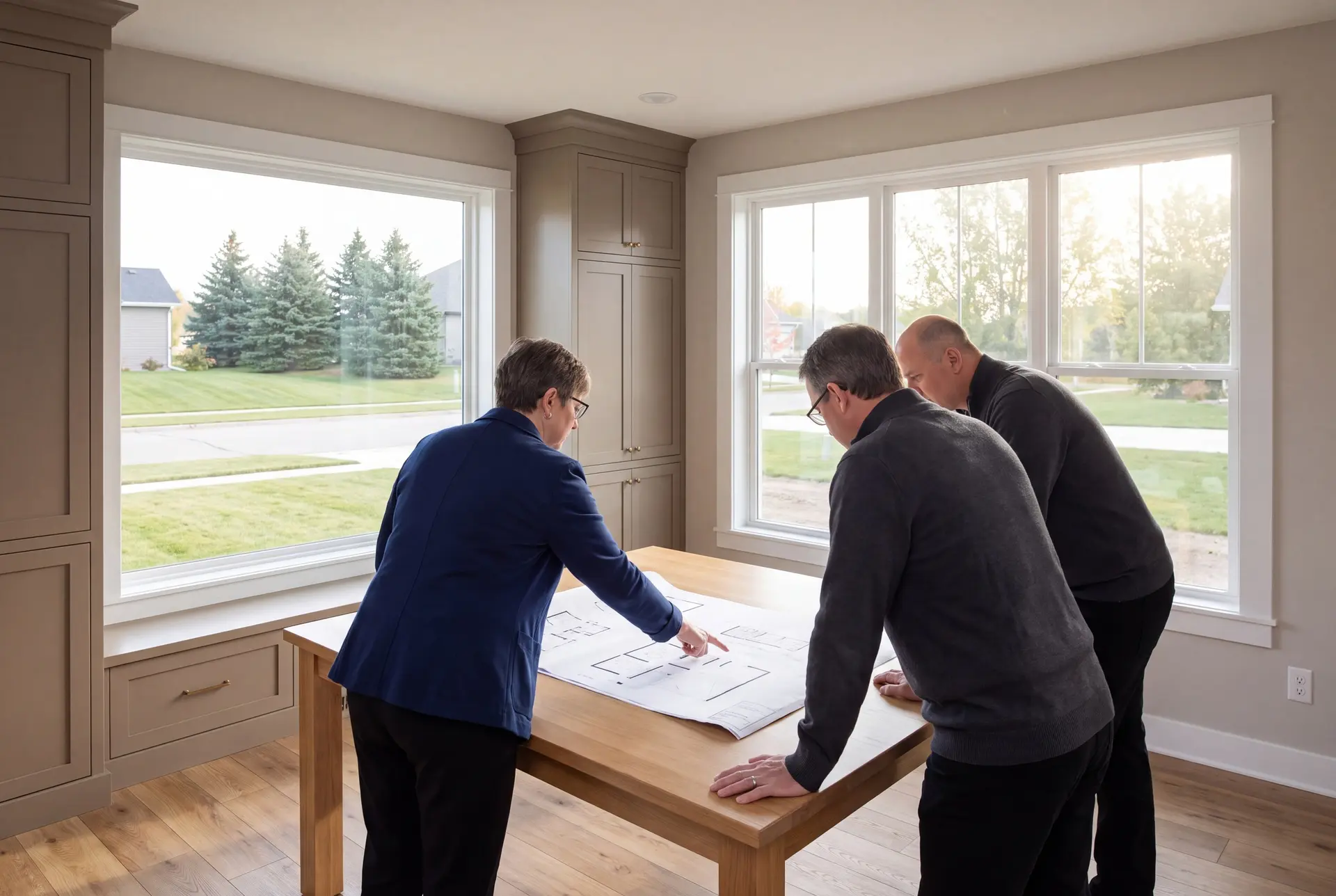 Illustration: Three people, a woman and two men, review architectural drawings on a table in a modern living room with large windows and taupe cabinetry