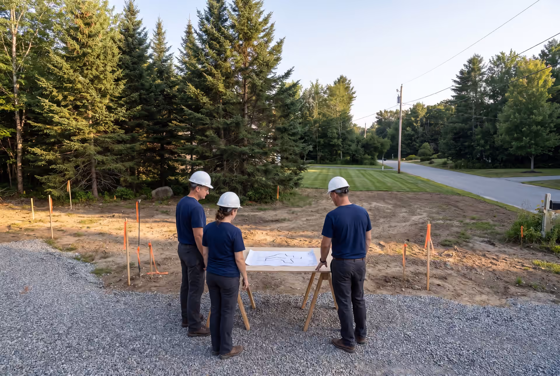 house plans and design in Windham, ME: illustrative scene, Three people in hard hats and work clothes review a site plan on a table in a wooded clearing