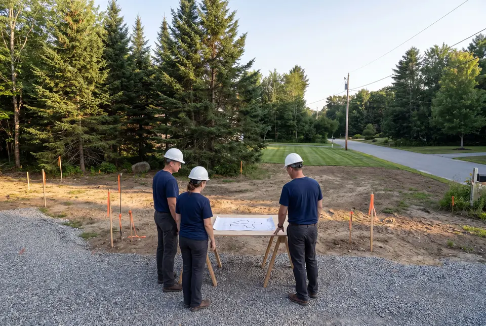 house plans and design in Windham, ME: illustrative scene, Three people in hard hats and work clothes review a site plan on a table in a wooded clearing