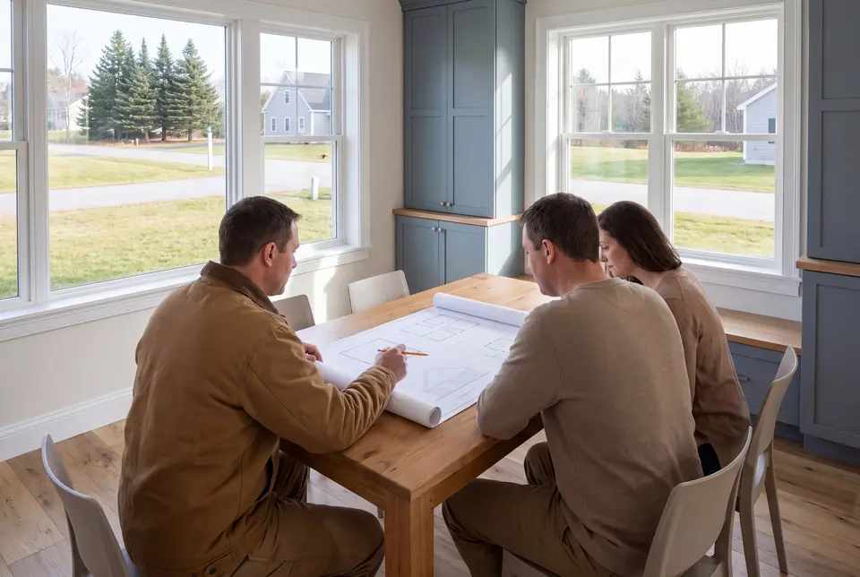 Illustration: Three people, a builder and two homeowners, review architectural drawings on a table in a finished living room with blue-gray cabinets and oak floors