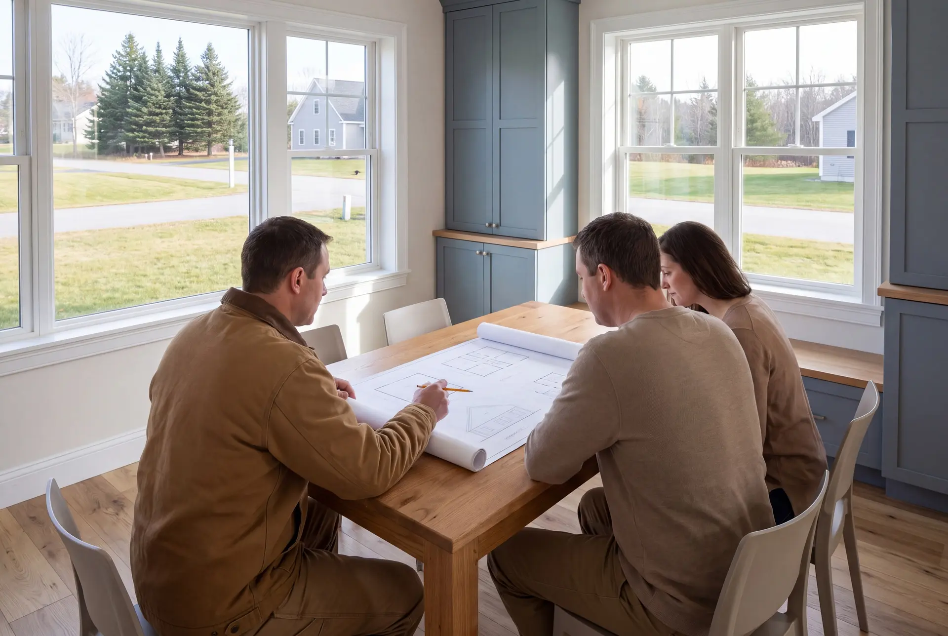 Illustration: Three people, a builder and two homeowners, review architectural drawings on a table in a finished living room with blue-gray cabinets and oak floors