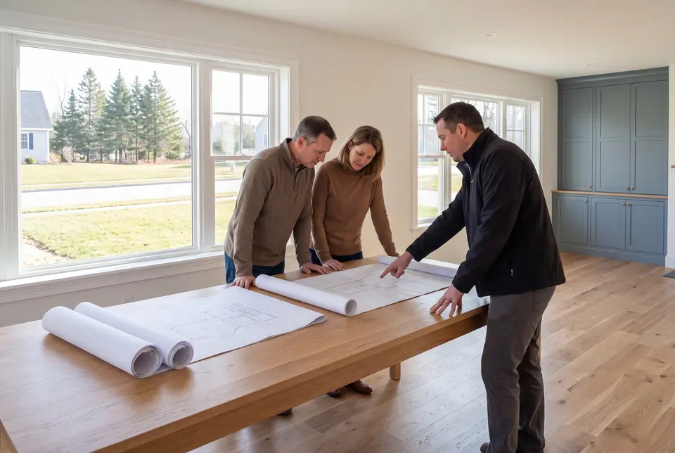 Illustration: Three adults, a builder and two homeowners, reviewing blueprints on an oak table in a finished living room with oak floors and blue-gray cabinetry