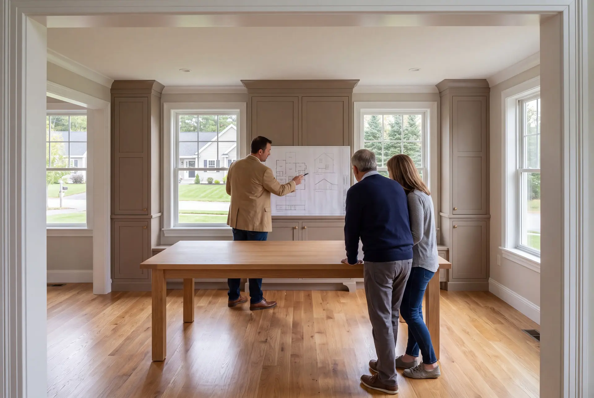Illustration: Three people, a builder and two homeowners, reviewing architectural drawings on a table in a finished living room with oak floors and taupe cabinetry