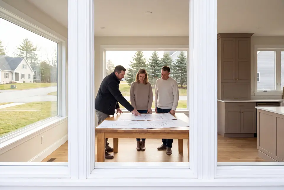 Illustration: Three people, a builder and two homeowners, review floor plans on an oak table in a finished living room with oak floors and taupe cabinets