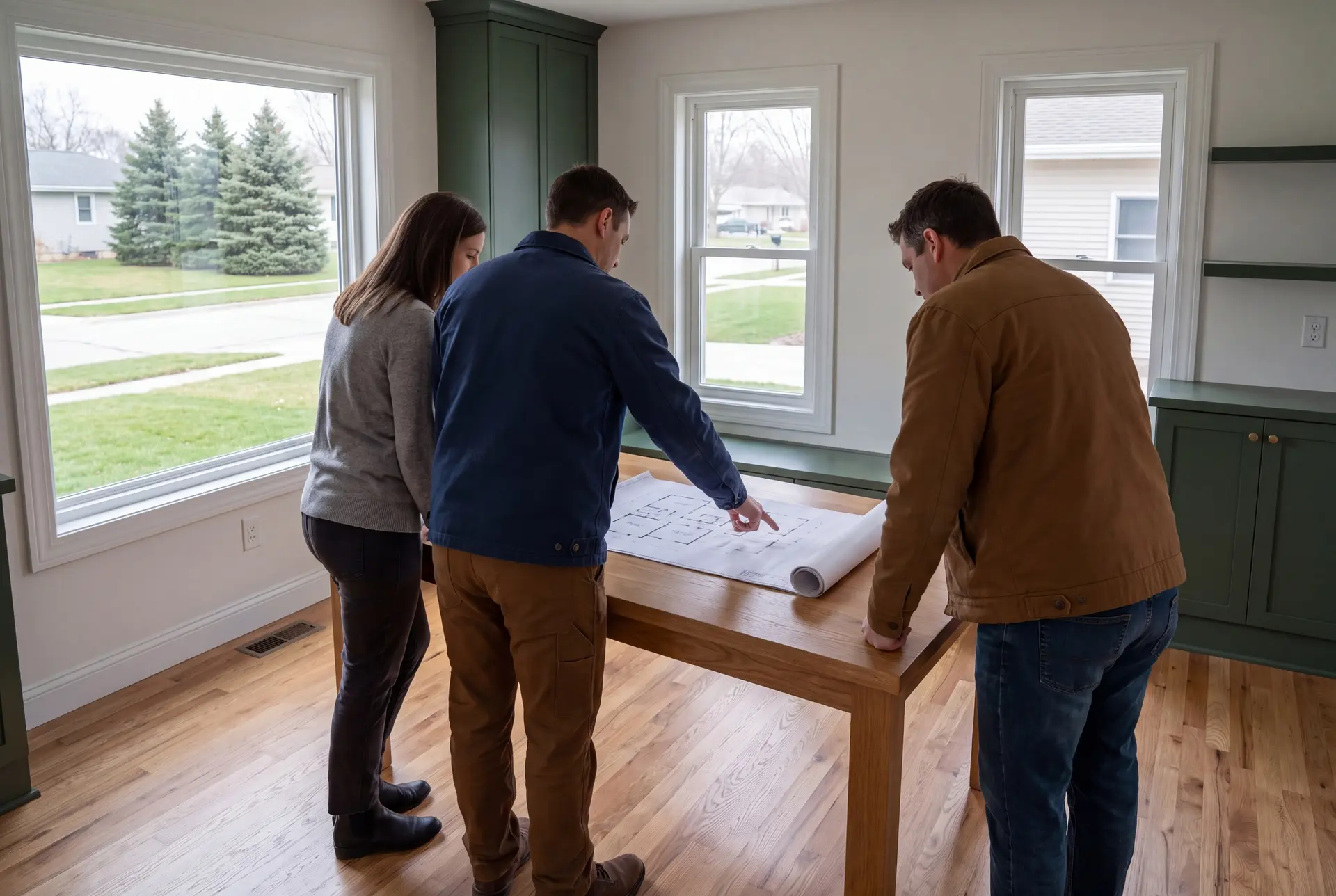 Illustration: Three people, a builder and two homeowners, reviewing floor plans on an oak table in a finished living room with green cabinets and oak floors