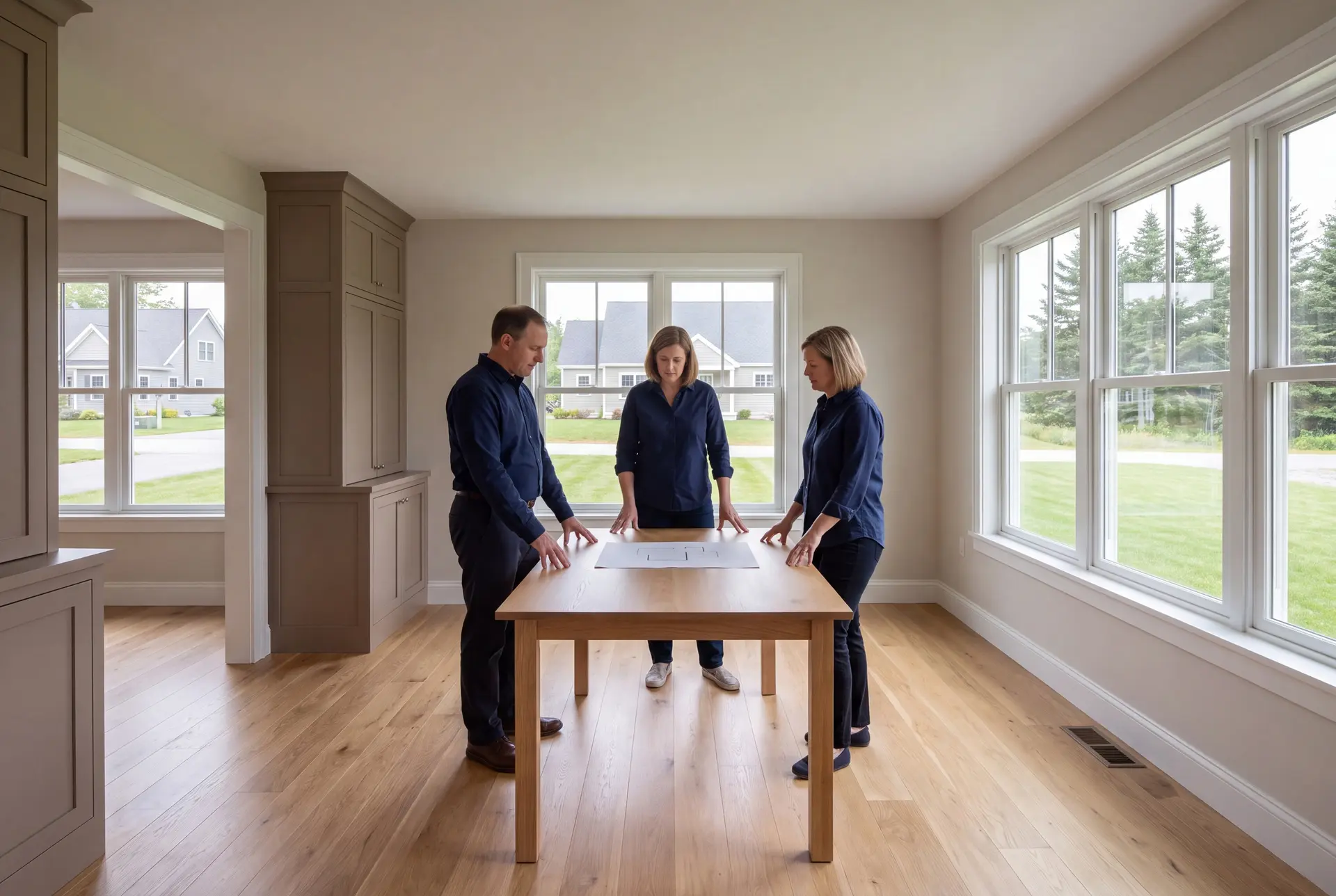 Illustration: Three people in navy shirts and dark pants stand around a light oak table with a blueprint on it, in a room with light taupe walls, oak floors, and large windows