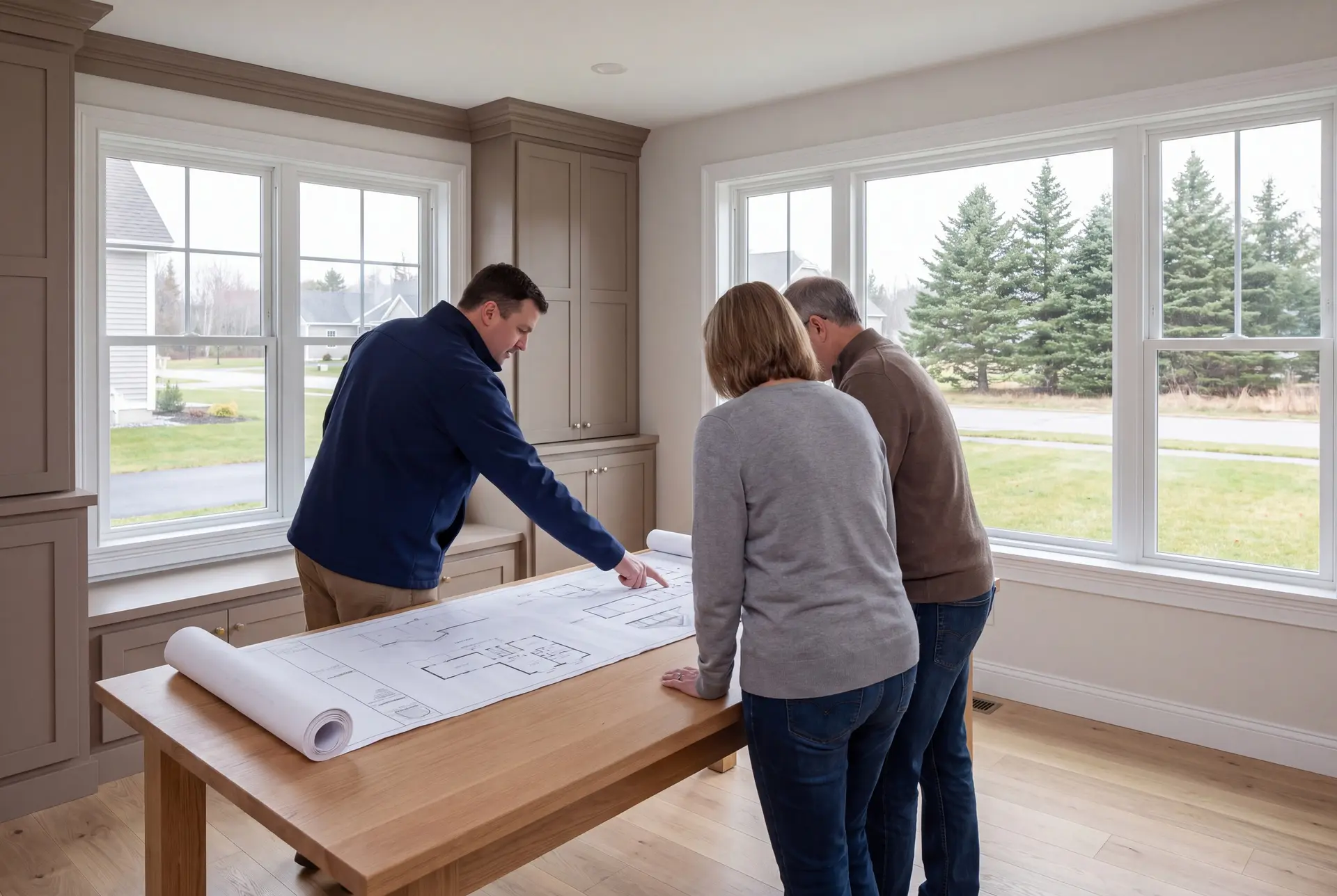 house plans and design: illustrative scene, Three people, a builder and two homeowners, reviewing blueprints on an oak table in a finished living room with taupe cabinetry and oak floors