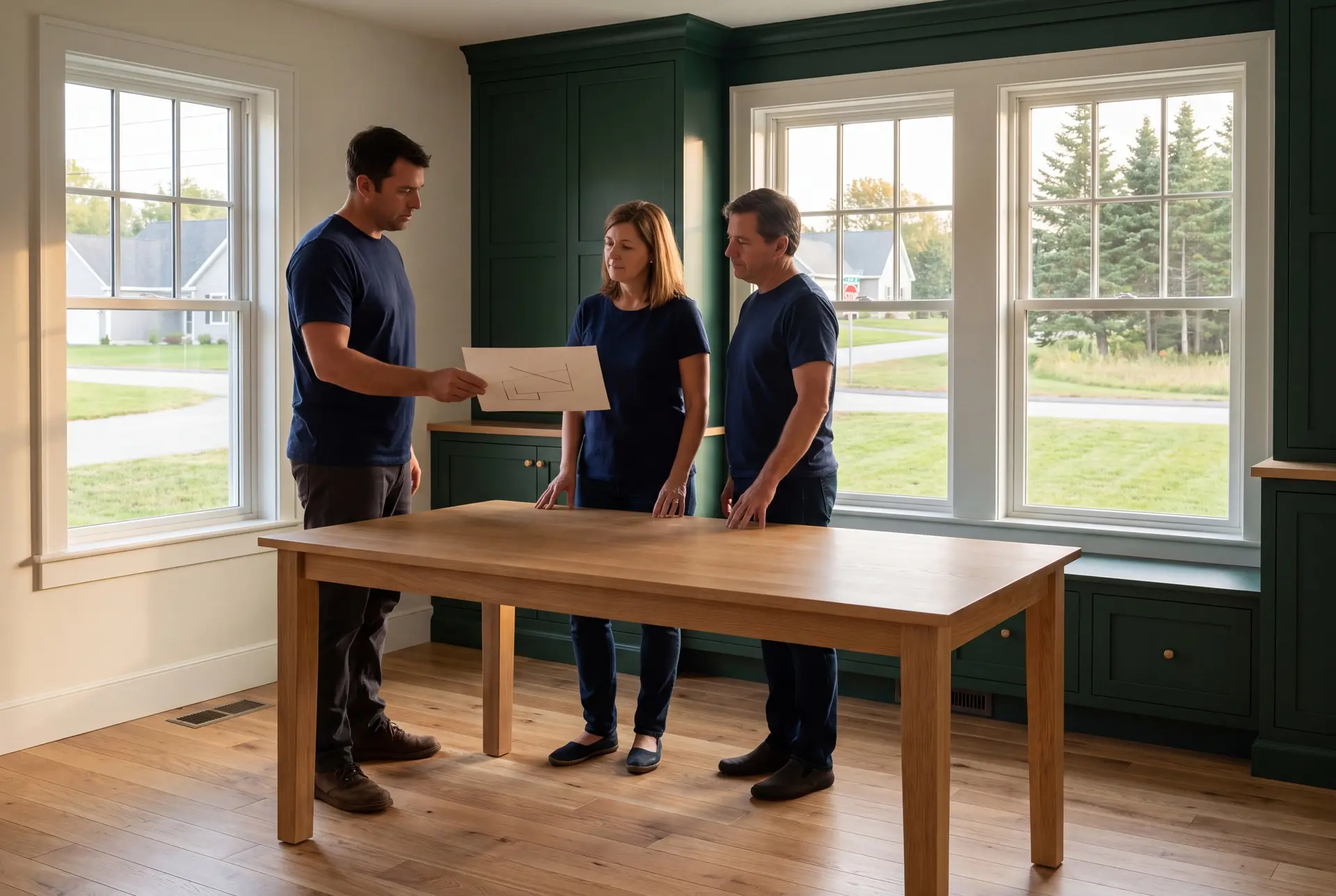 Illustration: Three people, a builder and two homeowners, stand around an oak table in a finished living room with green cabinets and oak floors, reviewing architectural plans