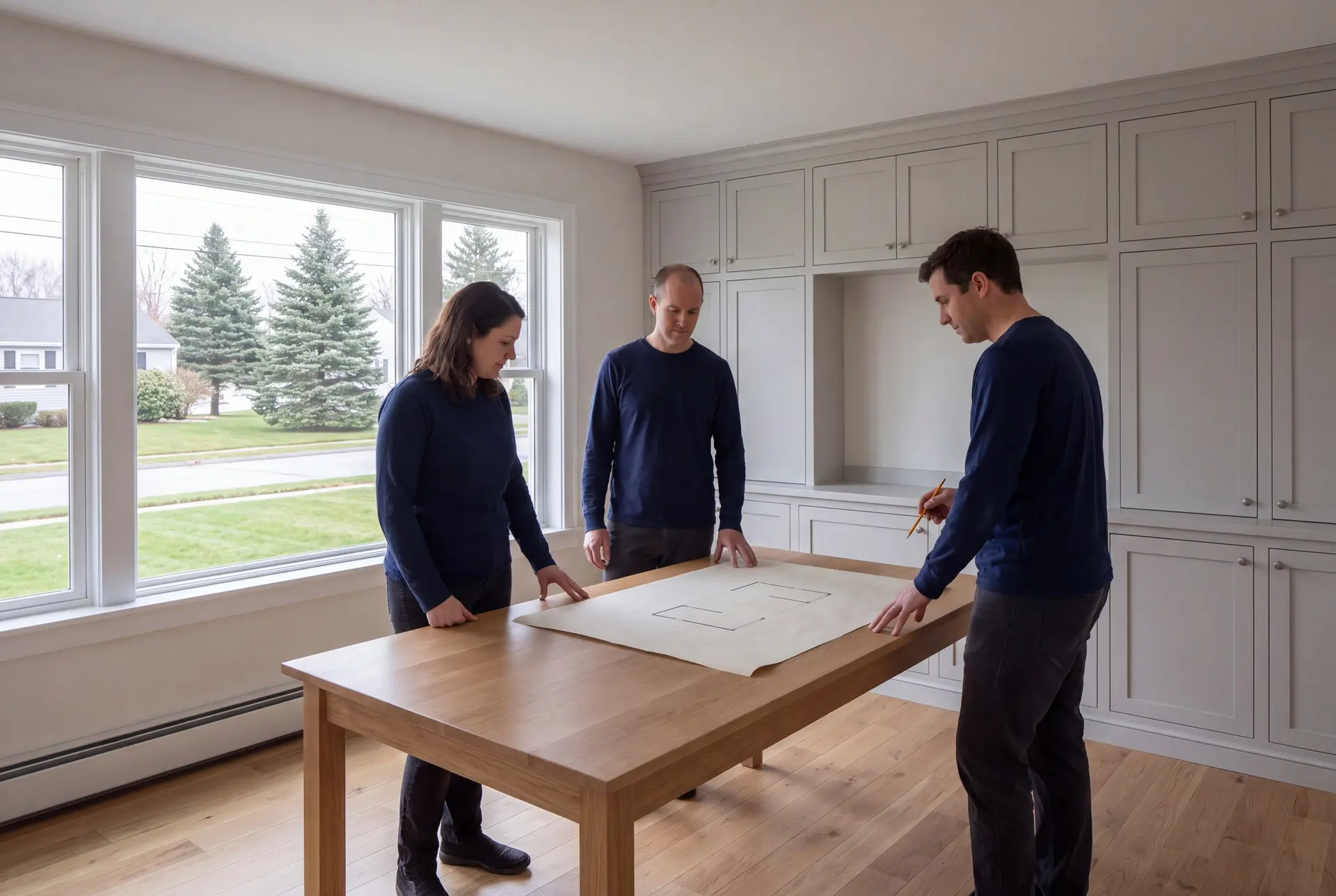 Illustration: Three adults in navy shirts and dark trousers stand around a light oak table with an architectural drawing, in a room with light oak floors, light gray built-in cabinets, and large windows