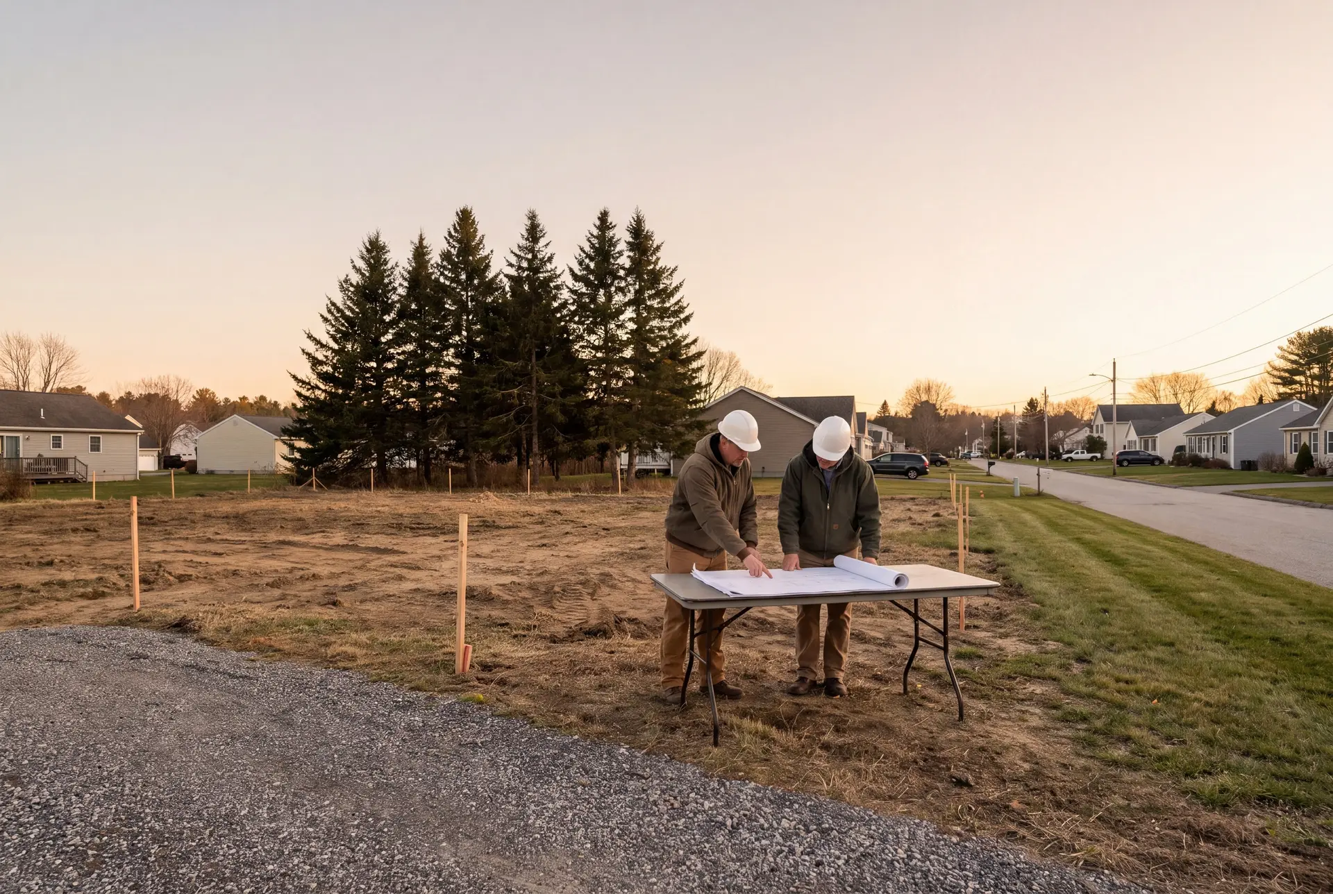 Illustration: Two men in hard hats review blueprints on a table on a cleared residential lot