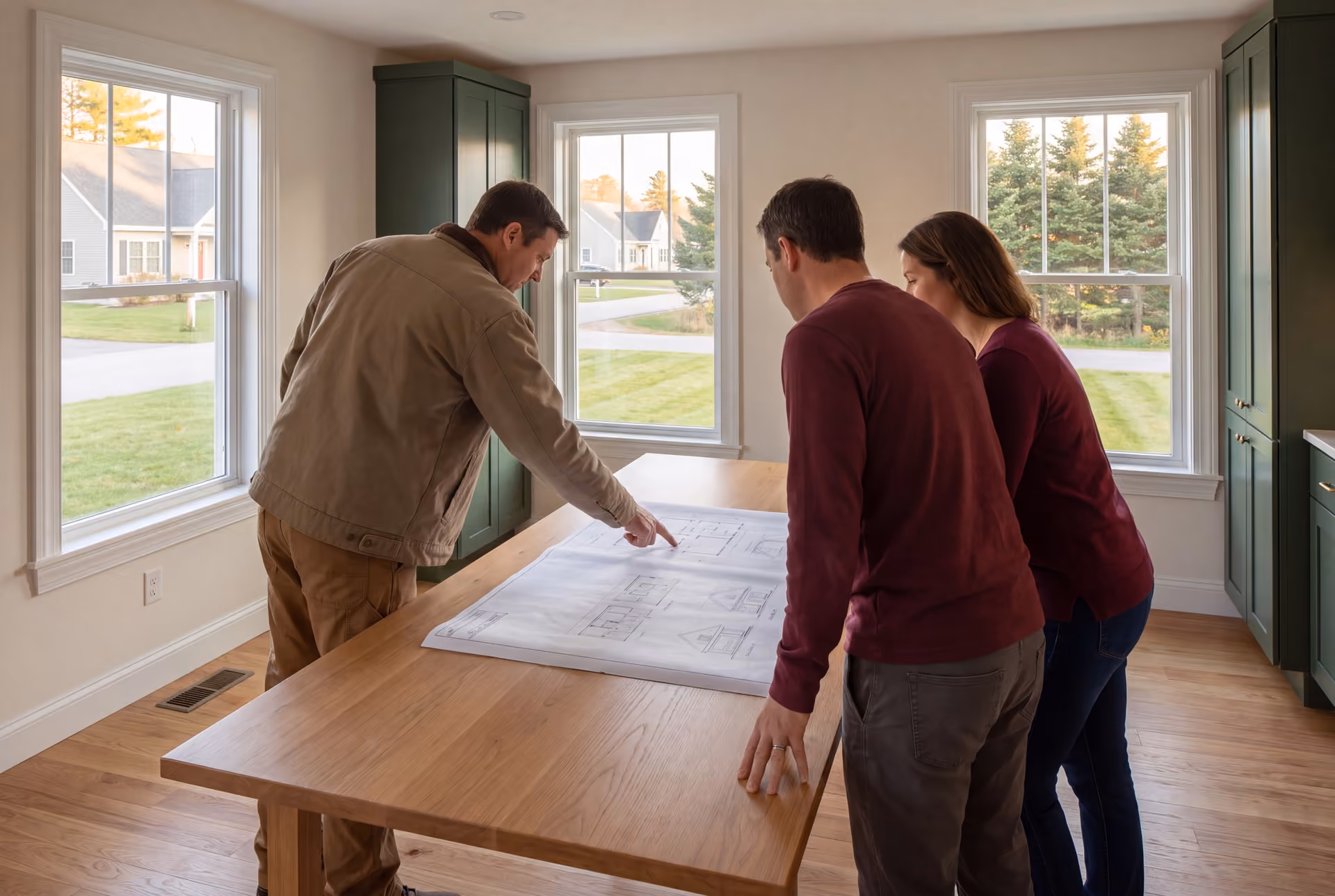 house plans and design in Biddeford, ME: illustrative scene, Three people, a builder and two homeowners, reviewing architectural drawings on an oak table in a finished living room with green cabinets and oak floors
