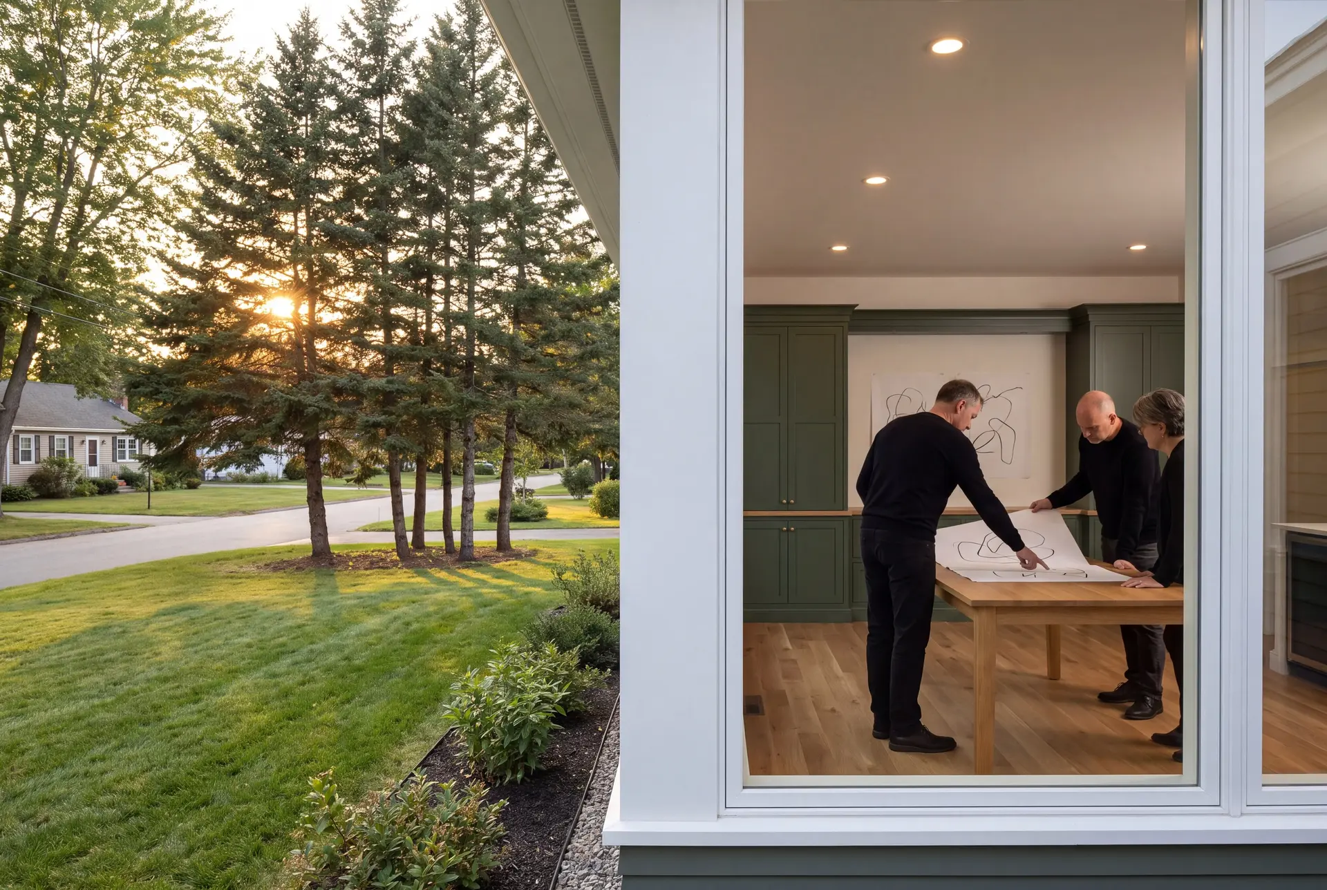 Illustration: Three people in a modern living room with green cabinets and oak floors, looking at architectural drawings on a table, viewed through a window with a sunset street scene outside