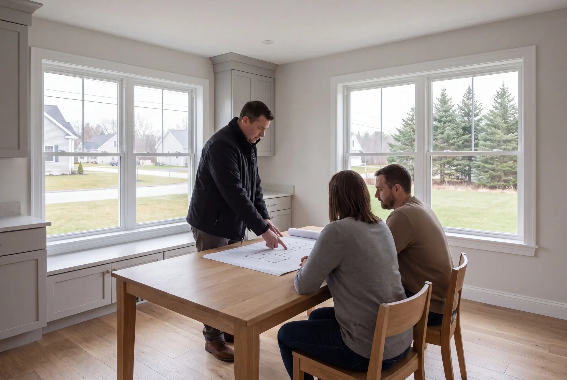 Illustration: Three people, a builder and two homeowners, reviewing architectural drawings on an oak table in a modern living room with large windows