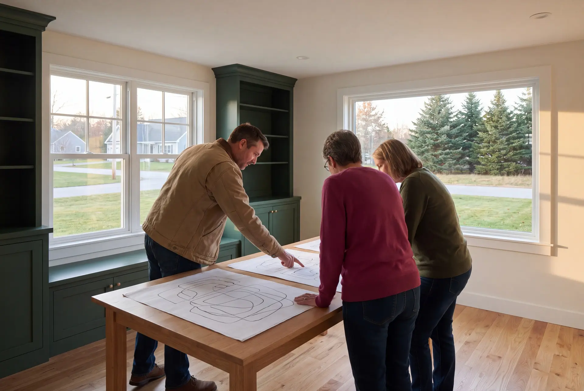 Illustration: Three people, a man and two women, review abstract floor plans on a table in a finished living room with green cabinetry and oak floors