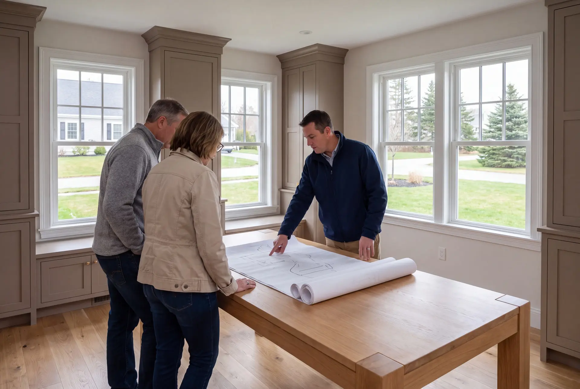 Illustration: Three adults, a builder and two homeowners, review abstract floor-plan and elevation line drawings on a plain oak table in a finished living room with taupe cabinetry, white-trimmed windows, and oak floors