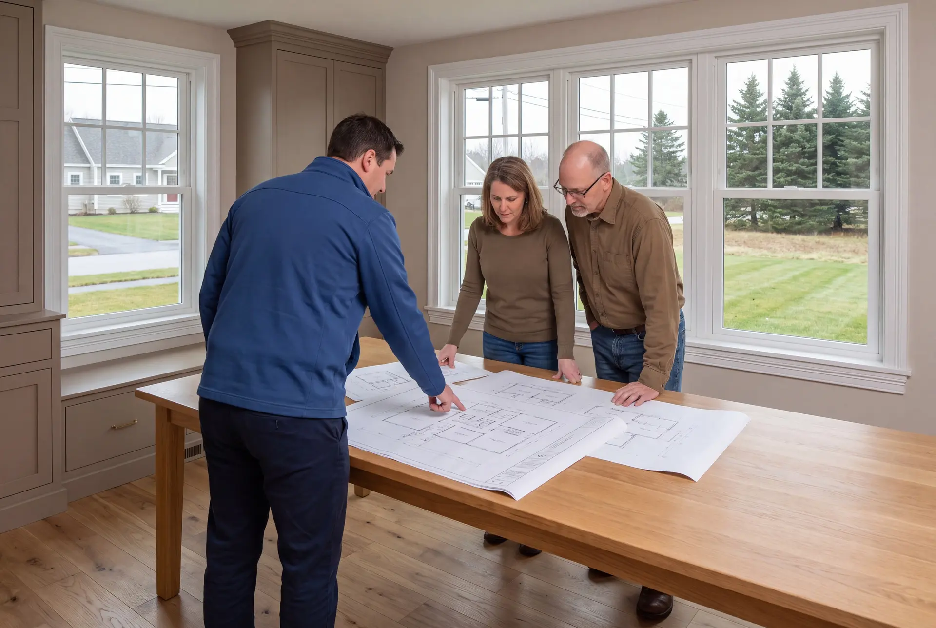 Illustration: Three people, a builder and two homeowners, reviewing blueprints on an oak table in a finished living room with taupe cabinetry, white windows, and oak floors