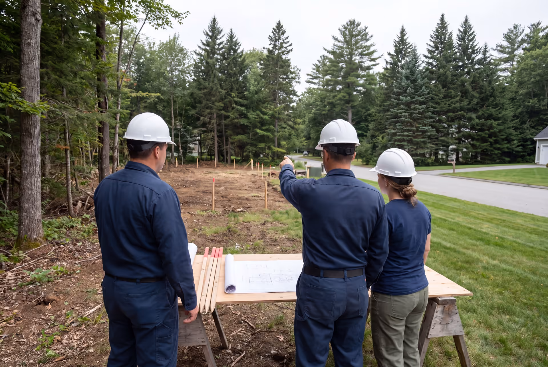 planning a custom home in Southern Maine: illustrative scene, Three people in hard hats look at a site plan on a table in a wooded clearing, with one person pointing towards the cleared land