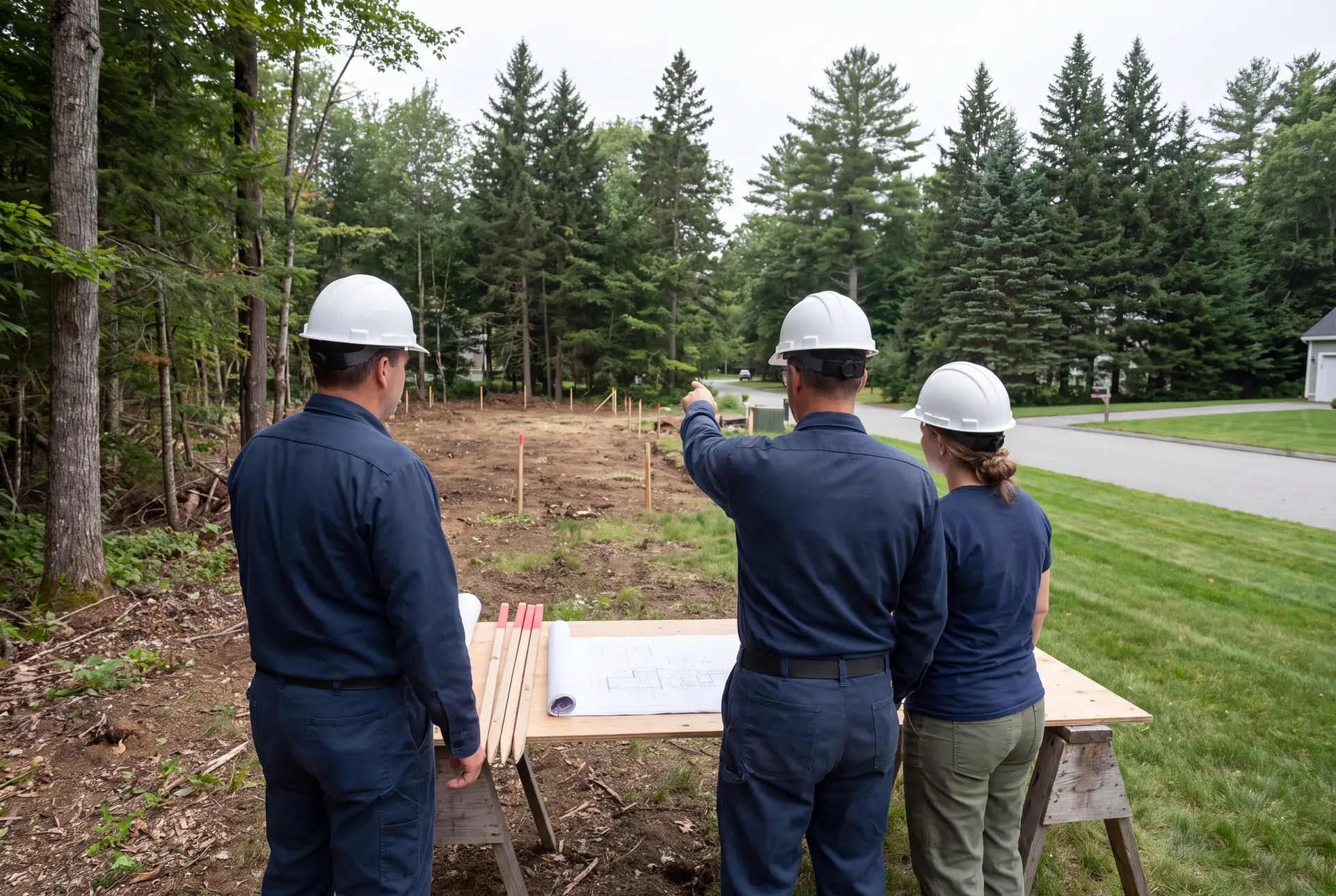 planning a custom home in Southern Maine: illustrative scene, Three people in hard hats look at a site plan on a table in a wooded clearing, with one person pointing towards the cleared land